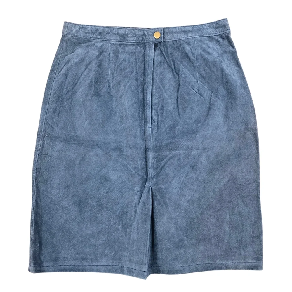 Vintage 90s Dusky Blue Genuine Suede Leather Pencil Skirt 11/12 Lined Midi - Picture 2 of 6